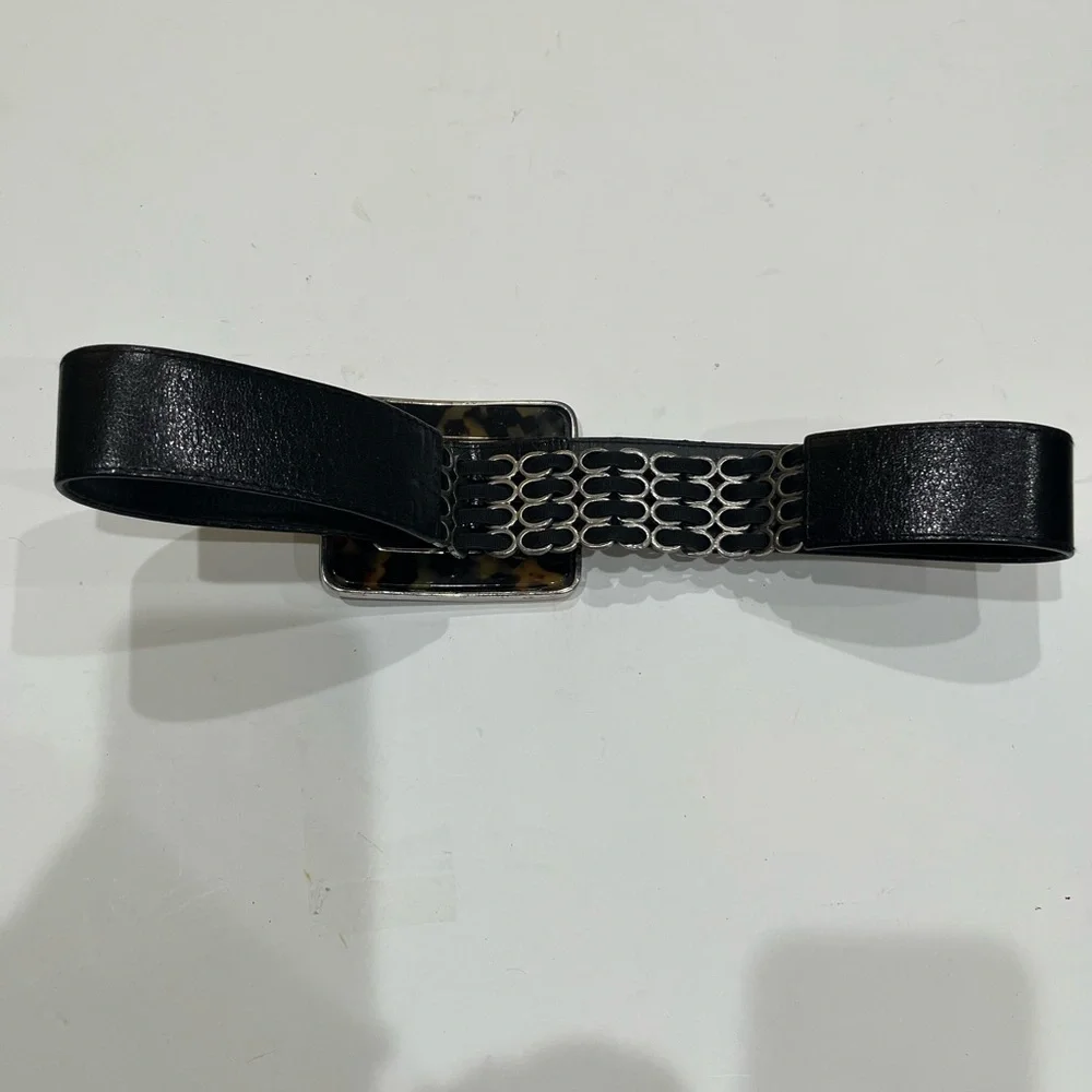 Suzi Roher Black Leather Belt with Square‎ Tortoise Design Buckle Sz. S